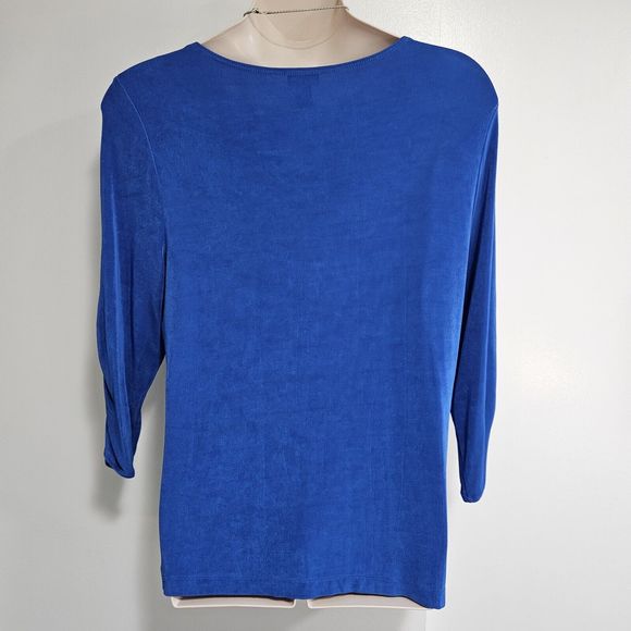 Chico's Travelers Size 3 (XL) Cobalt Blue Stretch Knit 3/4 Shirred Sleeve Tunic - Picture 4 of 5
